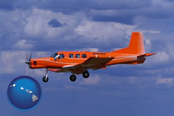 a red turboprop aircraft flying in a blue sky with cumulus clouds - with Hawaii icon