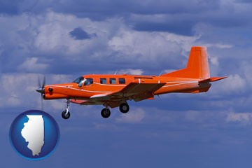 a red turboprop aircraft flying in a blue sky with cumulus clouds - with Illinois icon