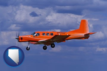 a red turboprop aircraft flying in a blue sky with cumulus clouds - with Nevada icon