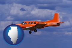 illinois map icon and a red turboprop aircraft flying in a blue sky with cumulus clouds