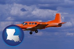 louisiana map icon and a red turboprop aircraft flying in a blue sky with cumulus clouds